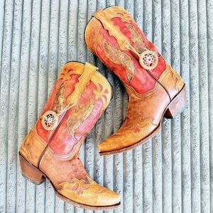 Dan Post Feather Dreamcatcher Snip Toe Cowboy Boots Red Tan Women’s 8M